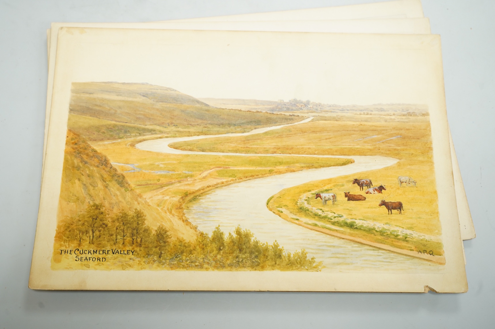 Alfred Robert Quinton (1853-1934), Set of six original watercolours for postcard designs, Sussex coastal towns, to include Warrior Square Gardens, St. Leonards, The Cuckmere Valley, Seaford, Grand Parade and Wish Tower,